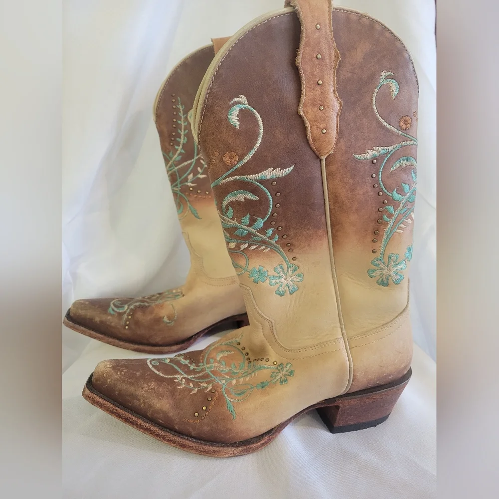 Sz8 Real Leather Embroidered Western Cowboy Boots - Picture 3 of 6